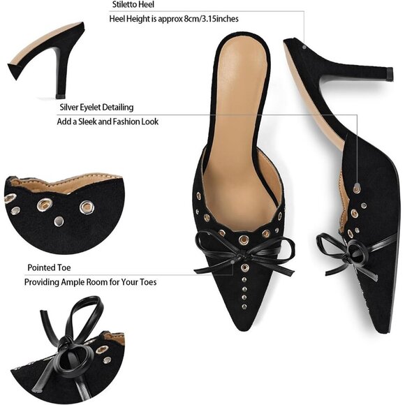 Women Pointed Toe Bow Heels Slip on Stiletto Dress Party Wedding Studded Pumps - Picture 4 of 6